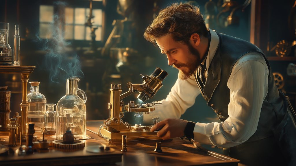 A Victorian gentleman scientist leans intently over a brass microscope, his tailored waistcoat and cravat illuminated by the warm glow of gaslight. The lab is filled with intricate brass and glass instruments, shelves of chemical jars, and a faint haze of pipe smoke. Polished wood counters and gears add texture, evoking a refined yet industrious atmosphere.