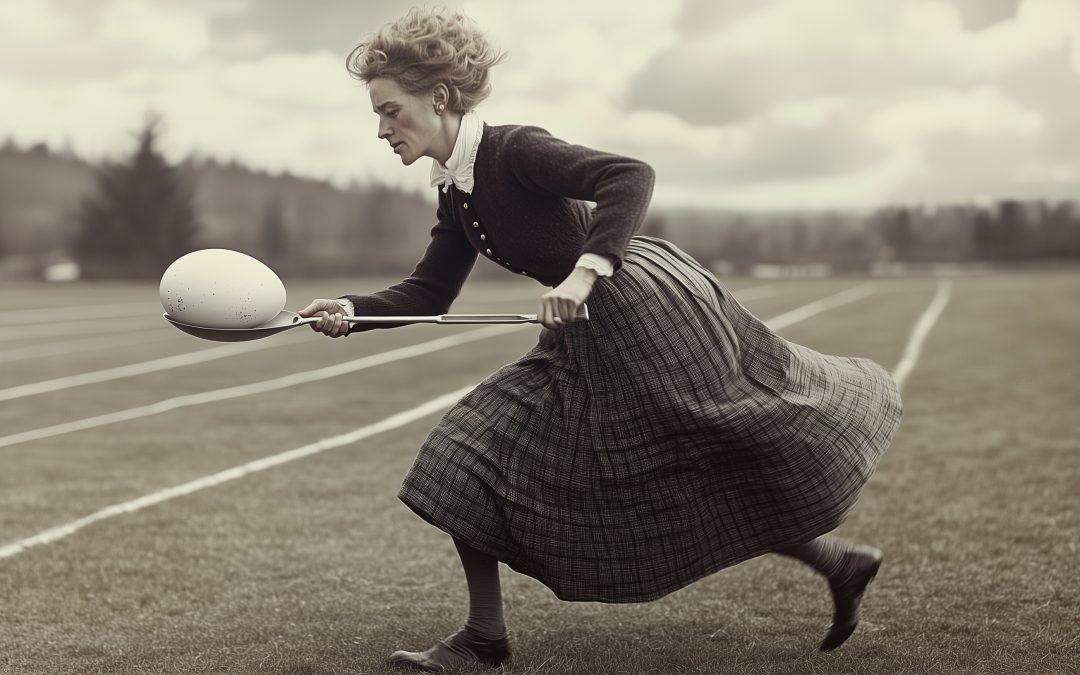 Mrs Edna Sturgess with a giant egg and spoon