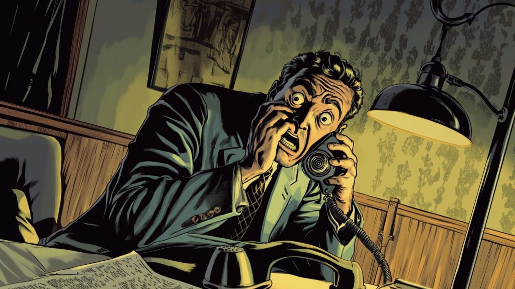 Cartoon image of a terrified man on the phone