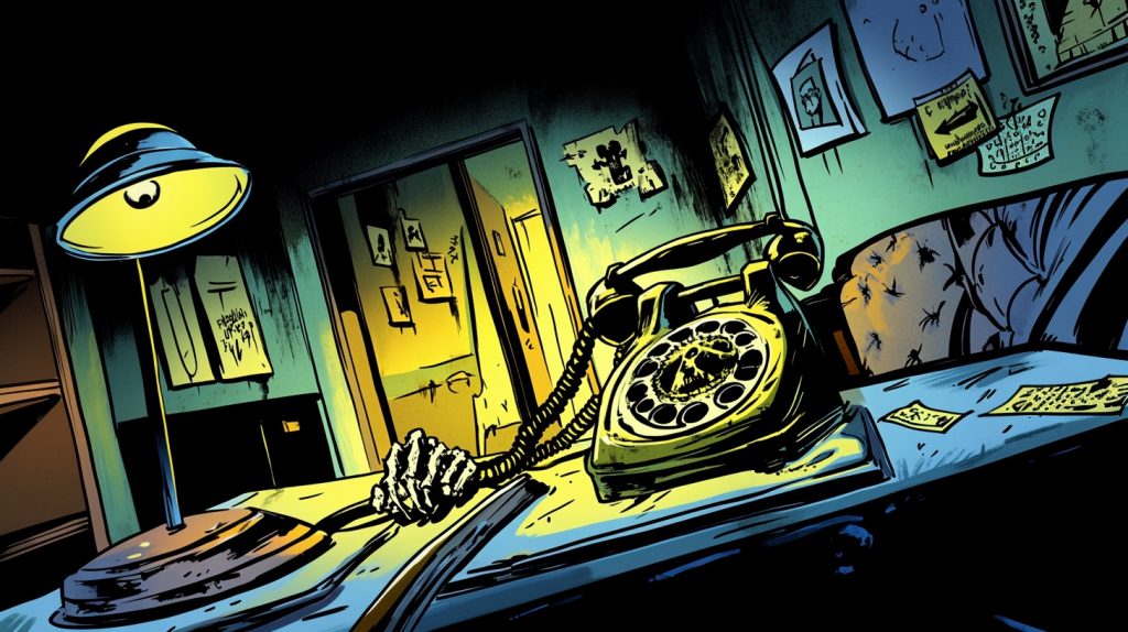 Cartoon image of a skeletal hand near a telephone